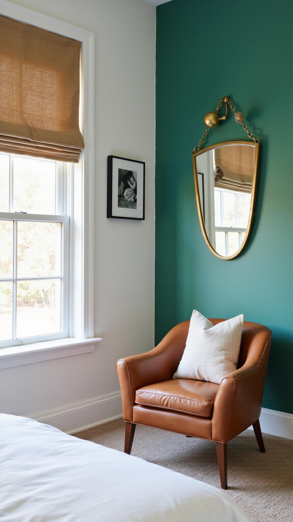 Vibrant bedroom with emerald green accent wall, crisp white bedding, cognac leather chair, brass-framed mirror, abstract black-and-white artwork, and natural light filtering through textured roman shades.