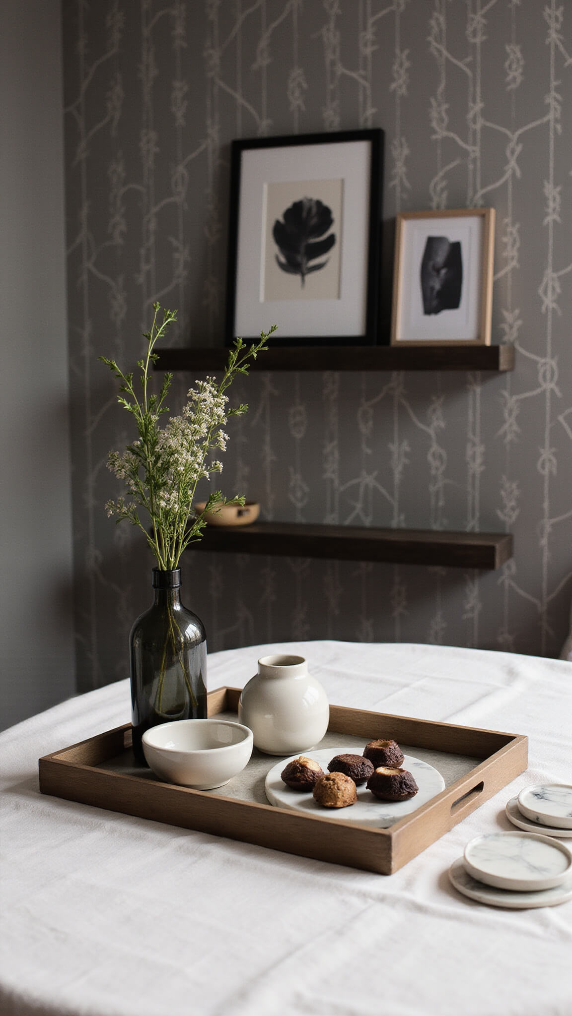 Evening guest retreat featuring handmade ceramics, fresh greenery, artisanal chocolates, and curated local artwork against a geometric wallpaper backdrop.