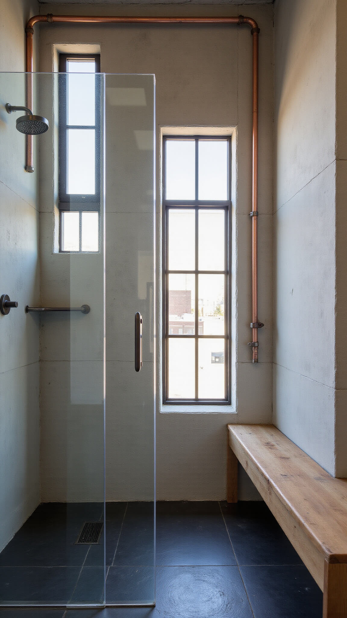 Industrial-style loft bathroom with exposed copper piping, concrete walls, black slate flooring, teak bench, and dramatic afternoon sunlight streaming through grid windows.