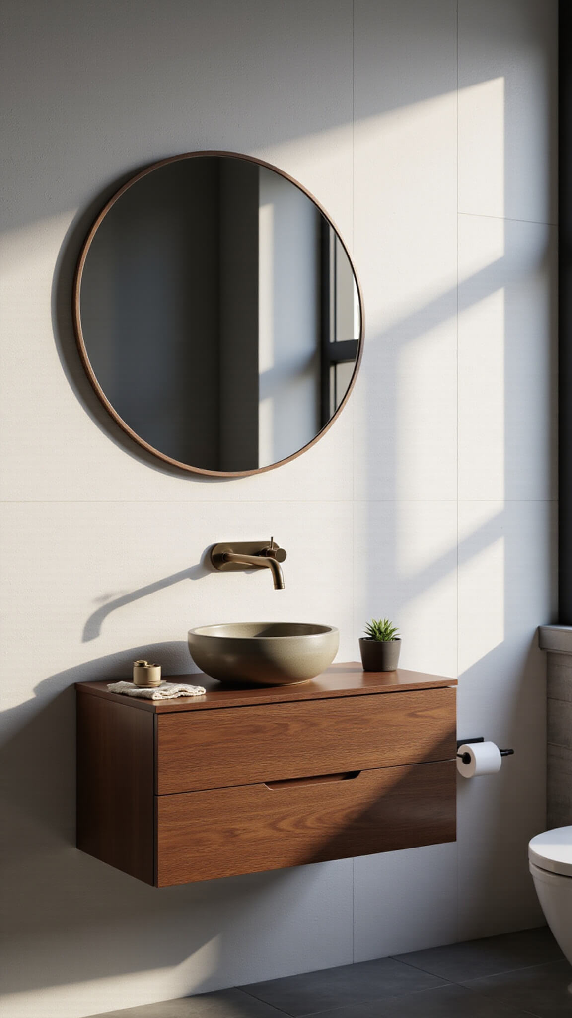 Sleek minimalist vanity in a compact urban bathroom with a floating walnut cabinet, vessel sink, brass faucet, and round mirror reflecting gentle morning light.