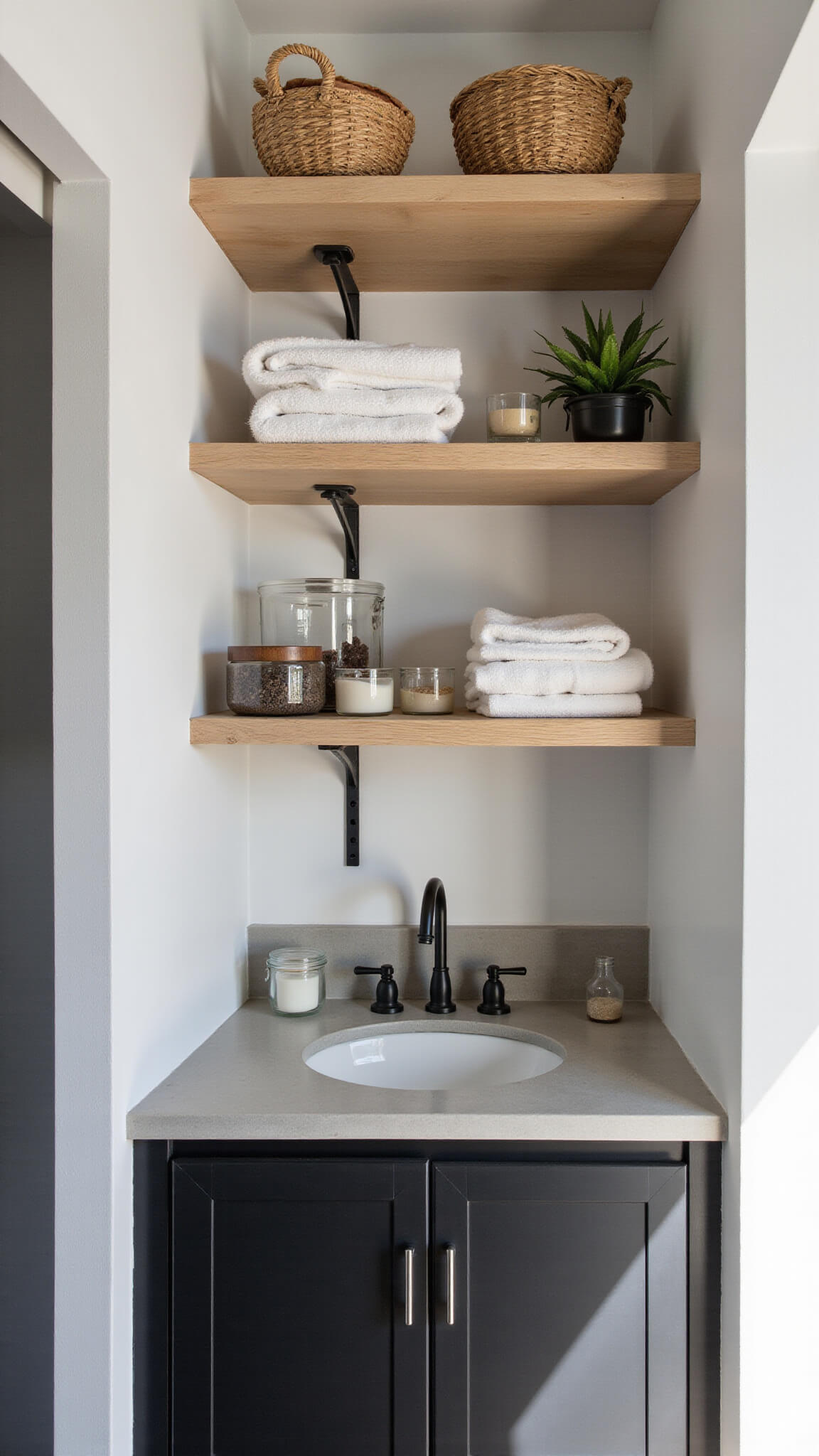 Modern urban bathroom with built-in white oak shelving, black metal accents, neatly folded linens, woven baskets, and a concrete countertop illuminated by soft morning light.