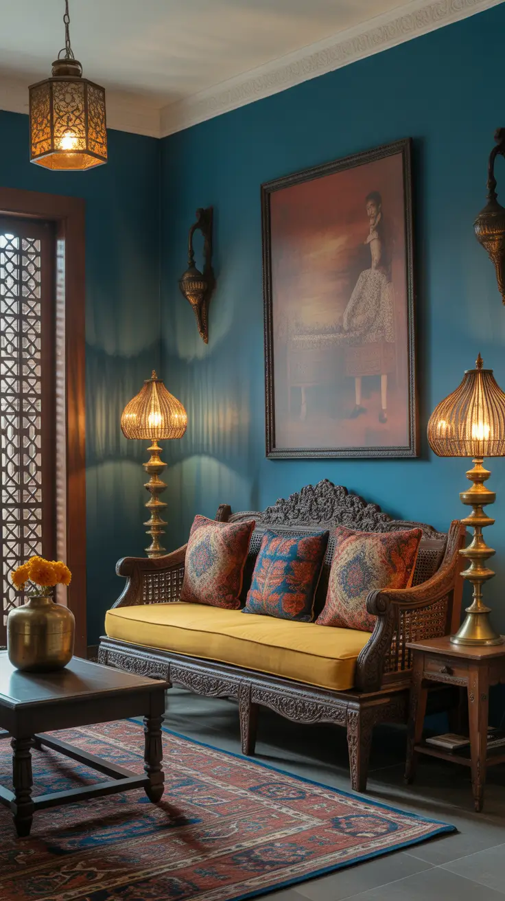 Indian Heritage Living Room with Brass and Patterns