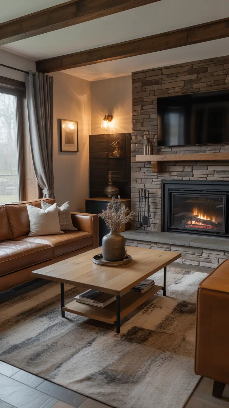 Stone and Leather Accents in Rustic Living Room