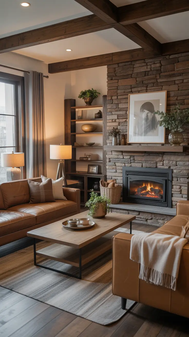 Rustic Elegance with Stone Walls and Leather Sofas