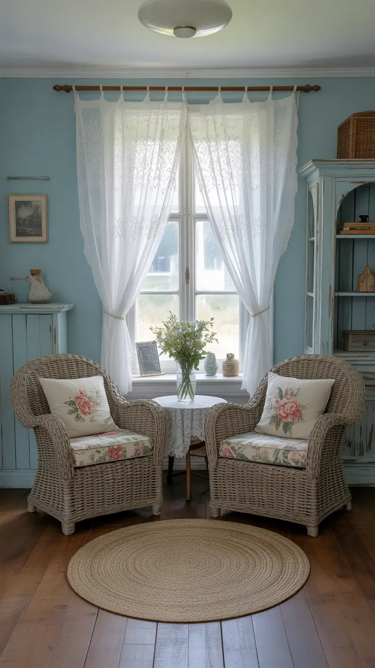 Country Style Living Room with Pastel Blue and Wicker