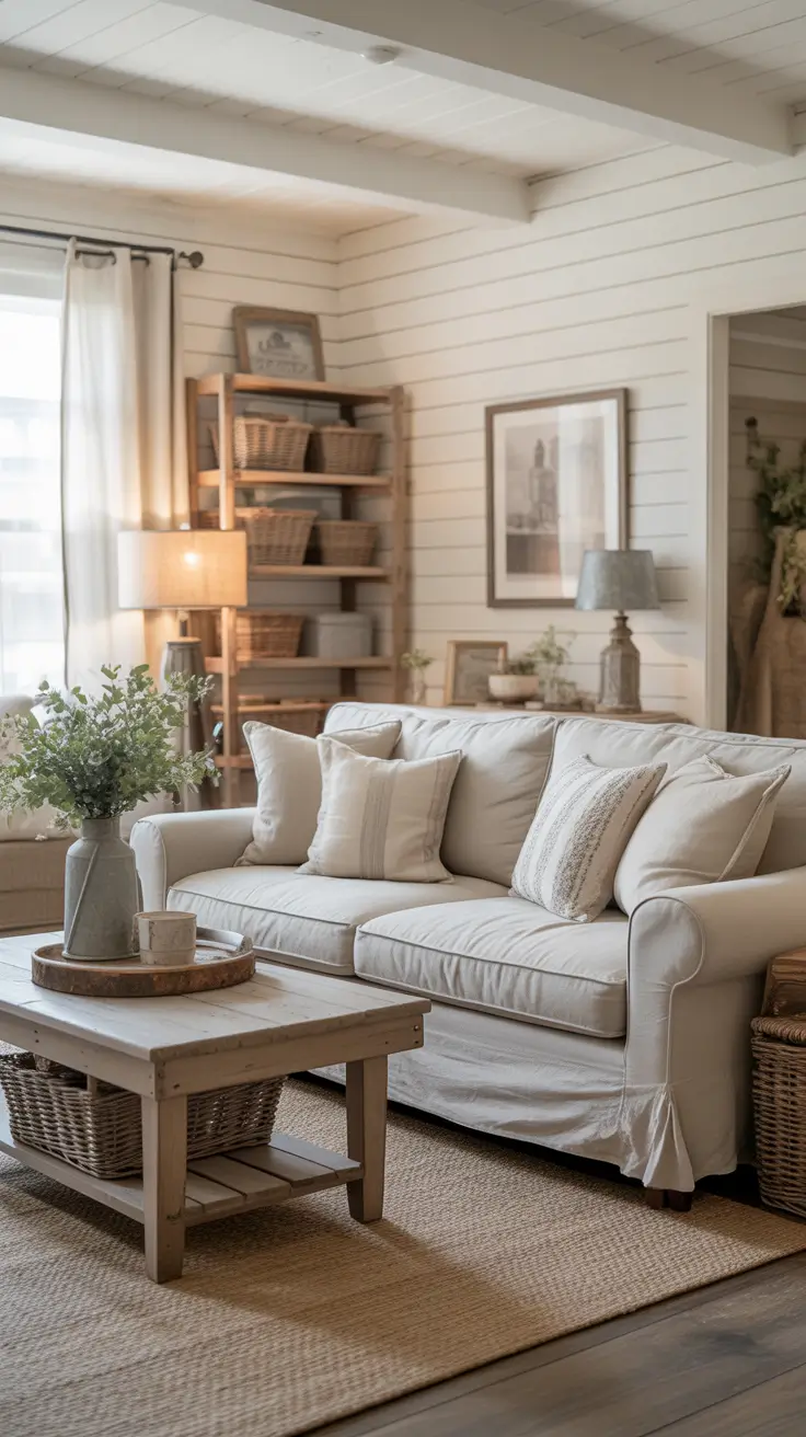 Classic Farmhouse Living Room with Shiplap Walls