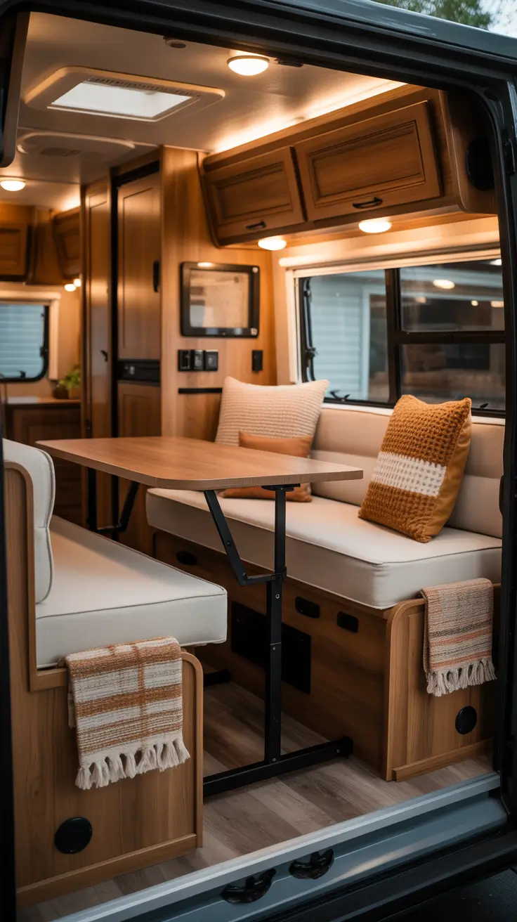 RV Living Room with Compact Storage and Cozy Textures
