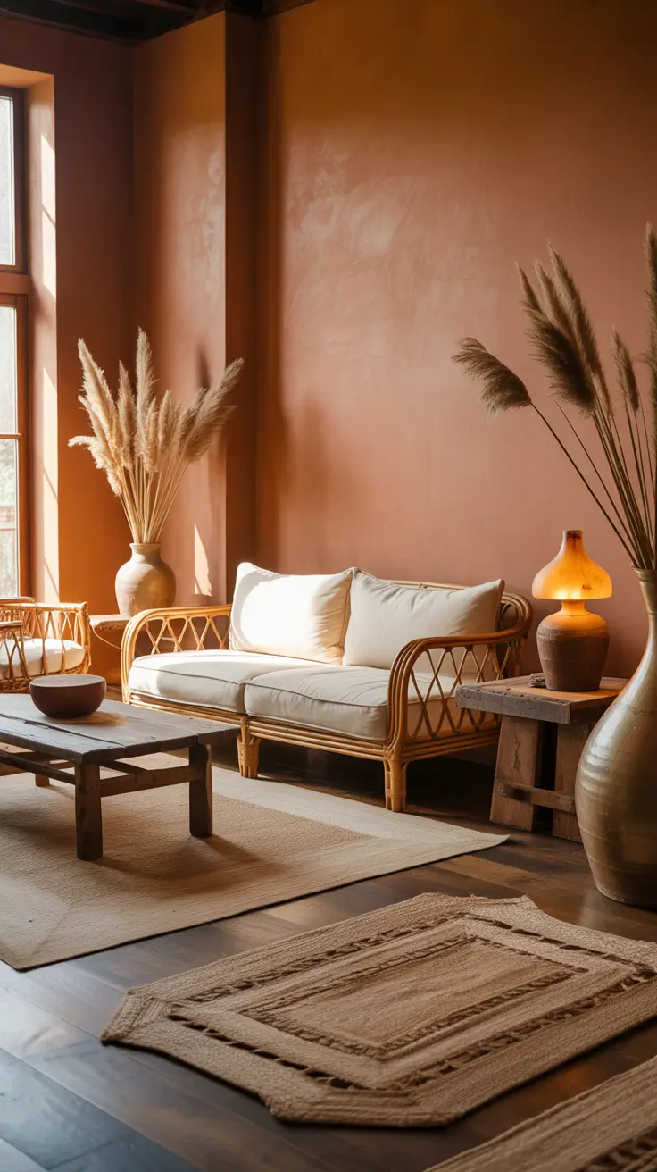 Earth-Toned Living Room with Terracotta Walls