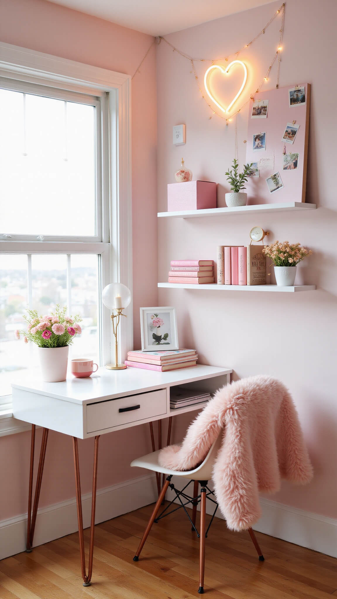Charming pink-themed study corner with a compact white desk beneath a window, floating shelves adorned with cute decor, a transparent chair with a blush throw, and pastel lighting from string lights and a neon heart sign.