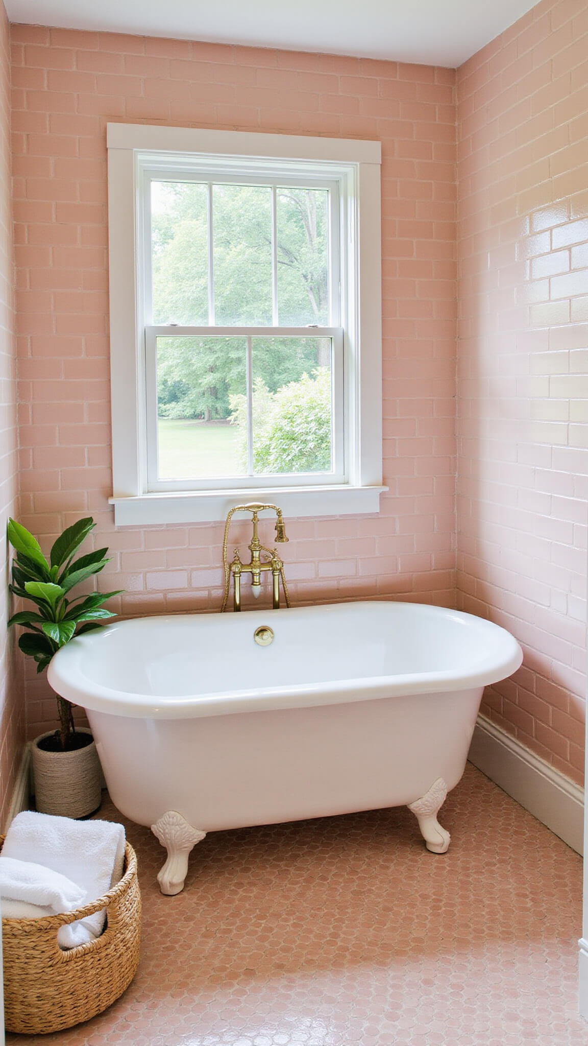 Coastal-inspired pink bathroom with freestanding tub, soft pink subway tiles, shell-pink penny tile flooring, vintage brass fixtures, and natural light illuminating seagrass baskets.
