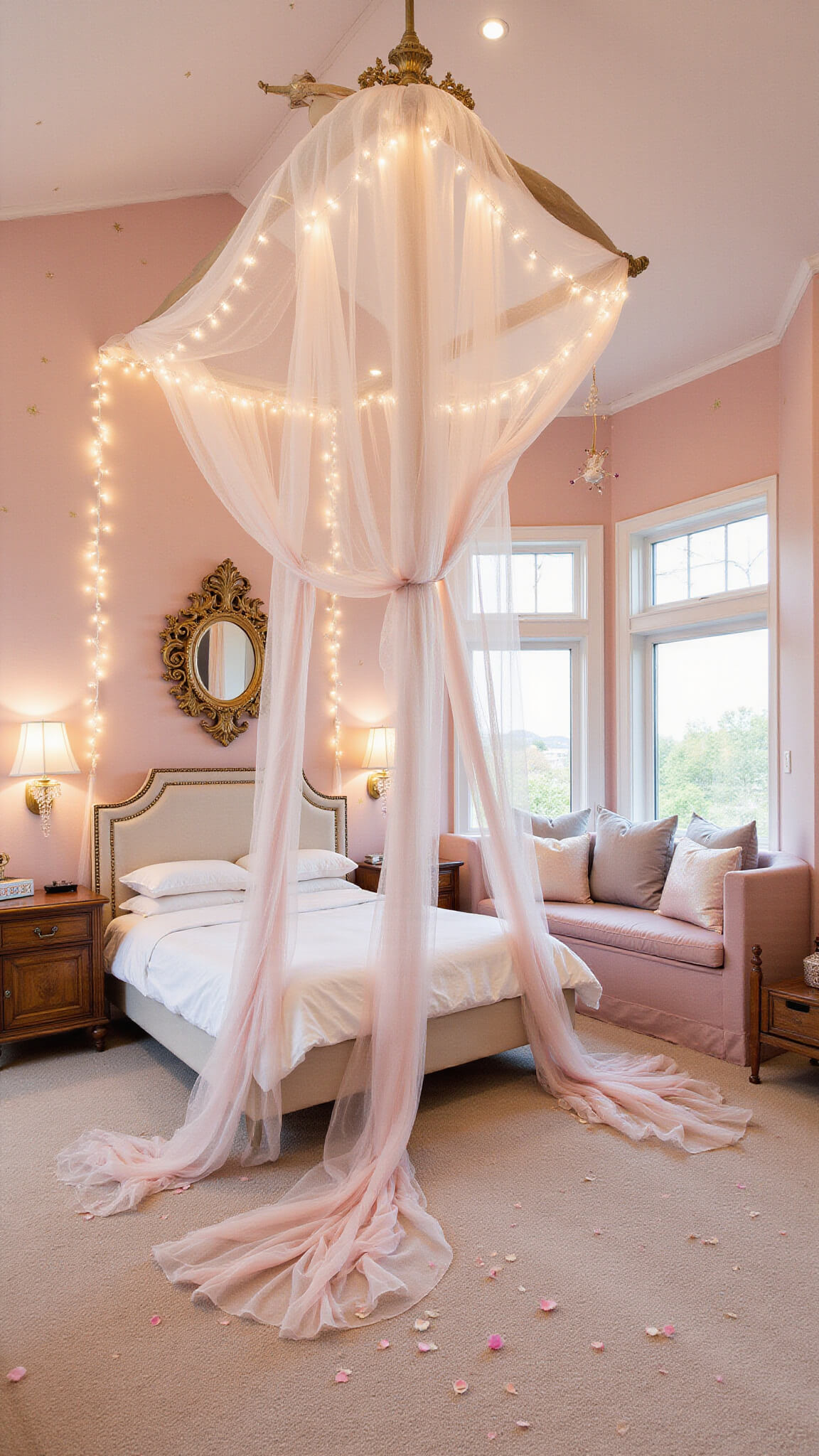 Enchanting fairycore bedroom with a four-poster bed draped in tulle and twinkle lights, blush pink walls adorned with gold stars, and vintage-inspired decor softly blurred.