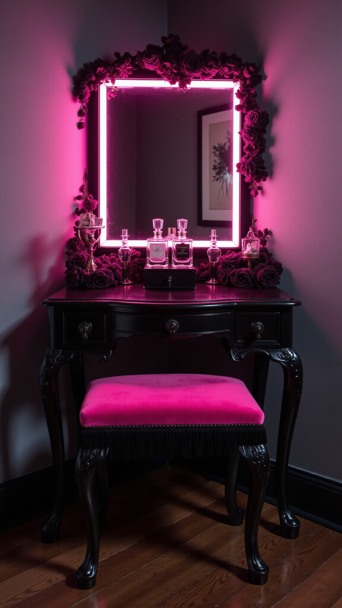 Close-up of a black lacquer vanity illuminated by pink LED lights, Victorian-style mirror framed with black roses, hot pink velvet stool, and sparkling crystal perfume bottles.
