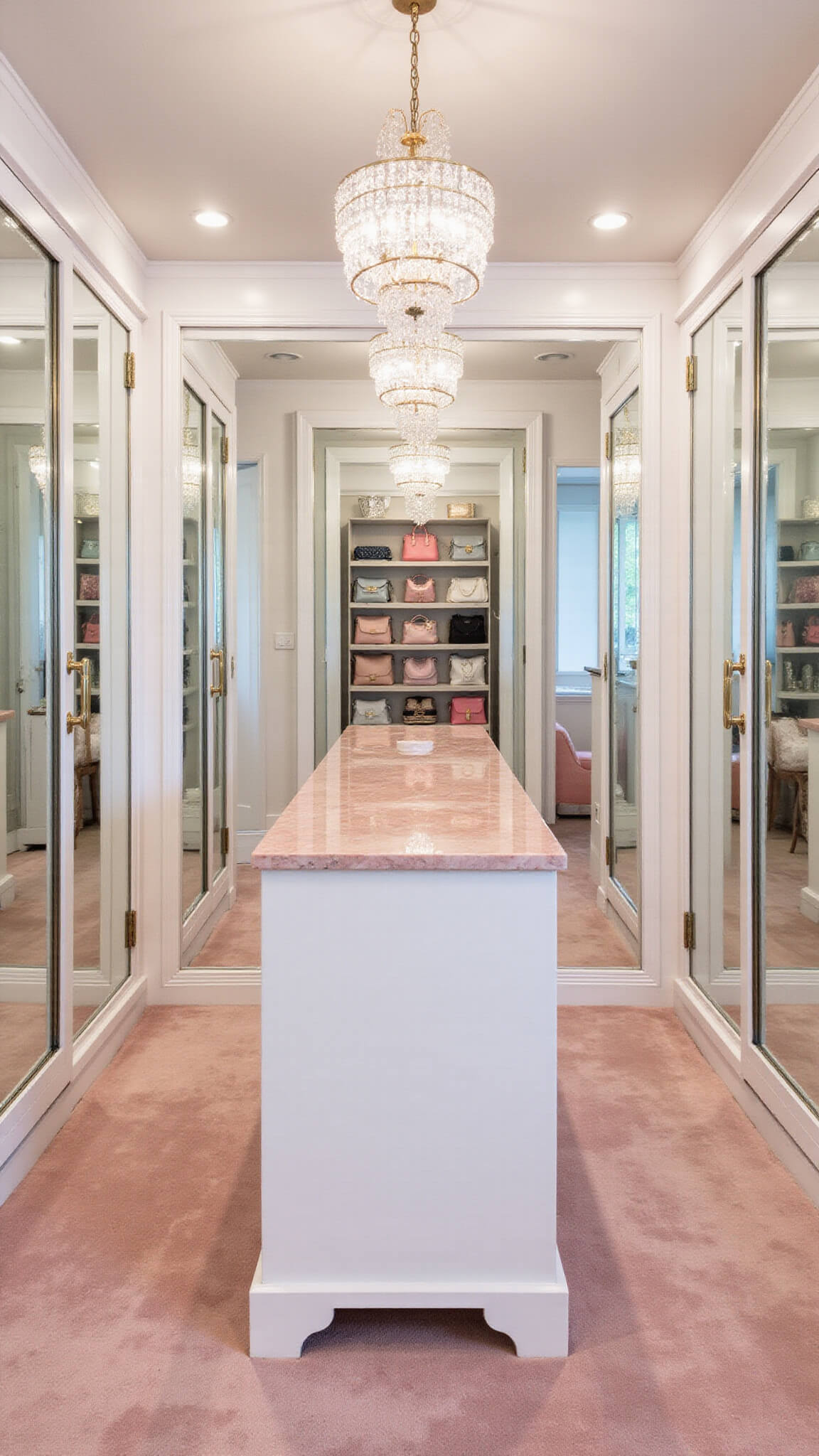 Luxurious pink dressing room featuring custom white cabinetry, rose quartz island, blush silk carpet, crystal chandelier, and designer pink accessories.