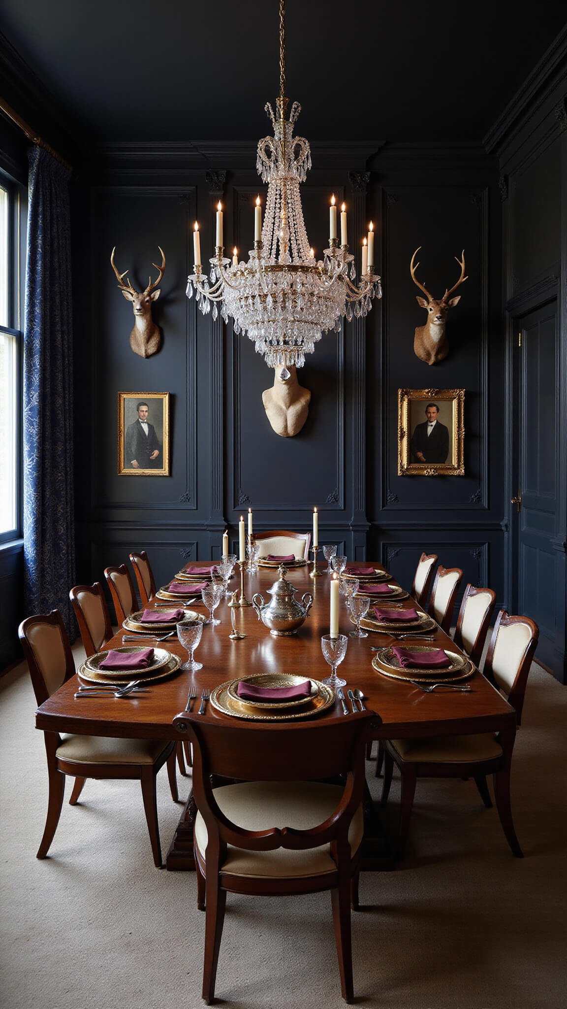 Elegant dining room with black lacquer walls, mahogany table, crystal chandelier, and gold accents
