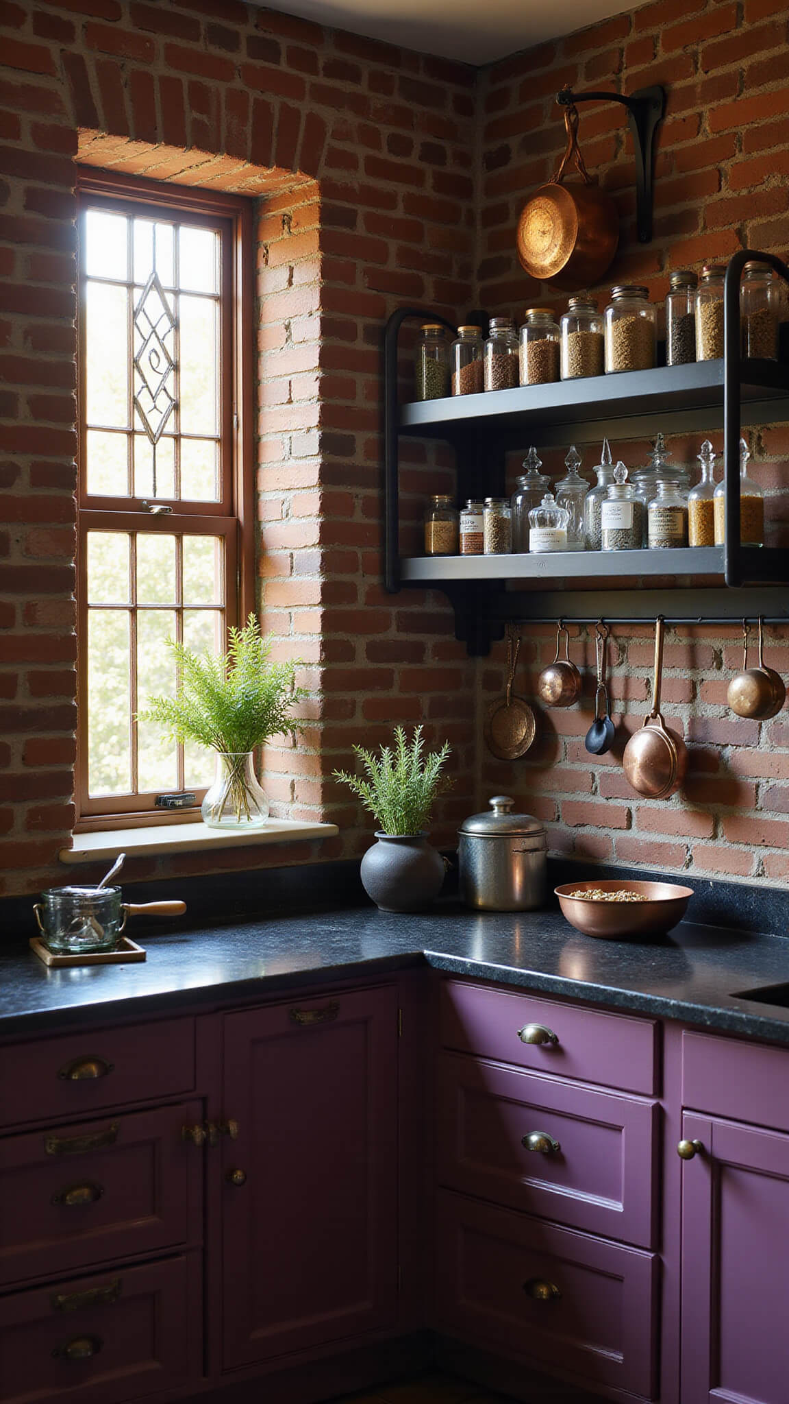 Dark plum kitchen corner with black marble countertops, antique spice cabinet, and copper pots