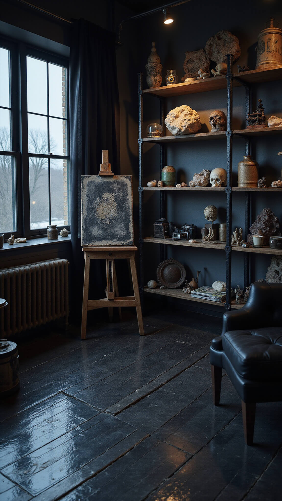 Midnight art studio with glossy black floors, abstract canvas, curiosities, and dramatic lighting