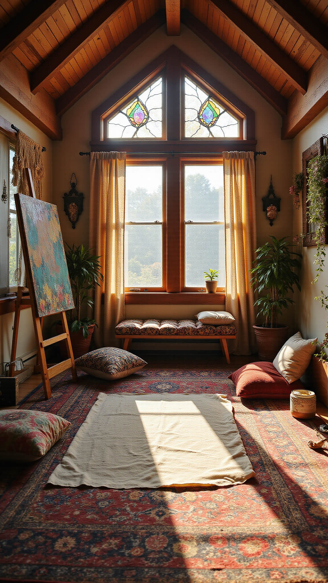 Eclectic bohemian attic art space with exposed beams, colorful stained glass lighting, Persian rugs, velvet cushions, and an artist's easel, bathed in soft ambient light.