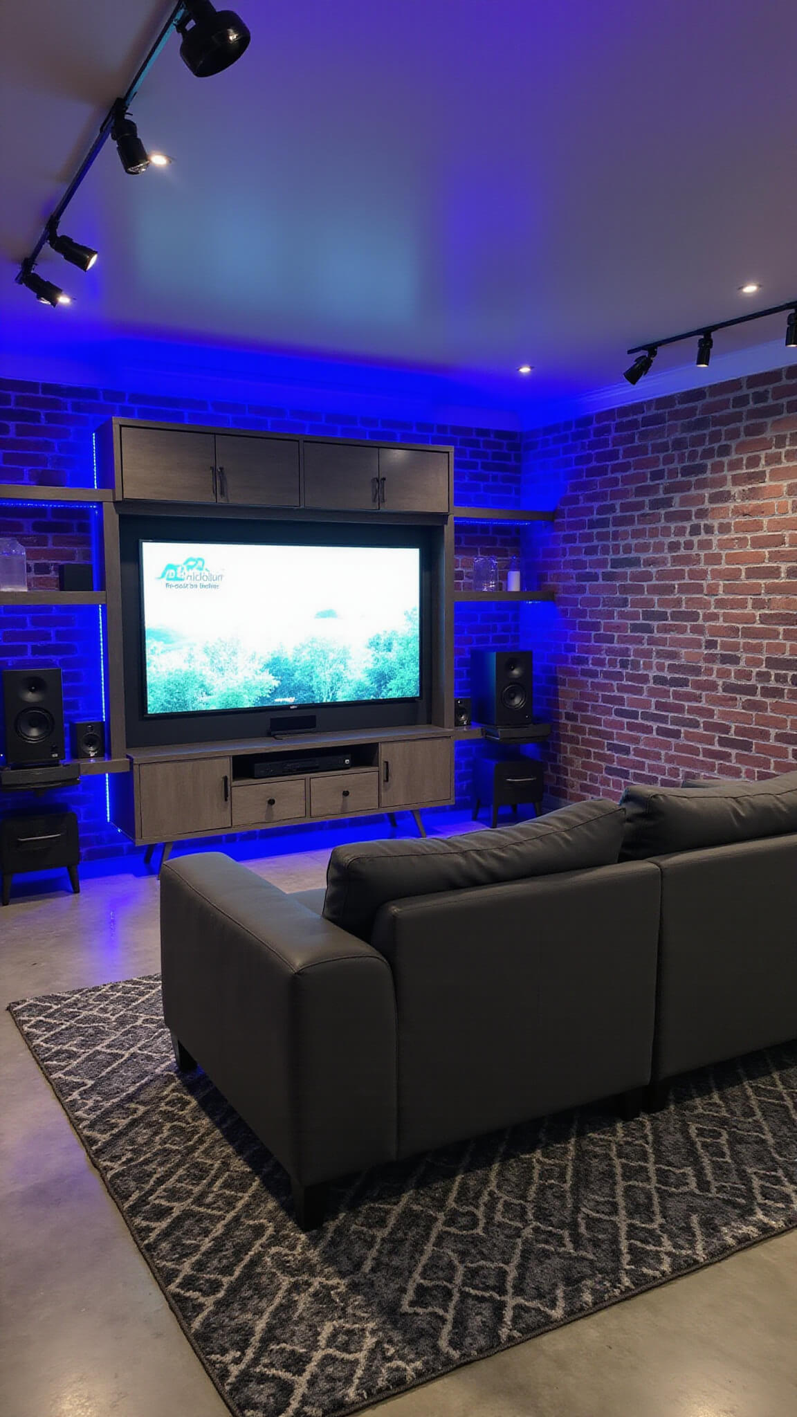 Industrial-style gaming lounge with exposed brick walls, concrete flooring, charcoal sectional sofa, and blue LED accent lighting highlighting a large mounted screen.
