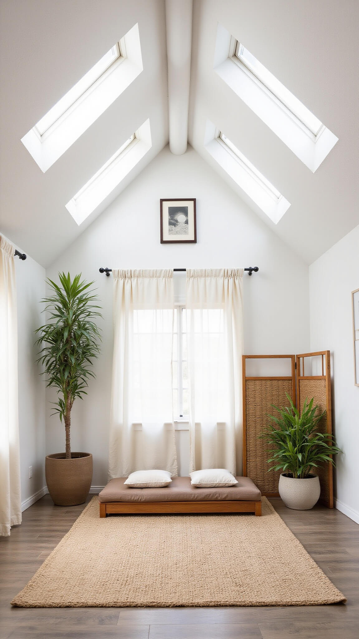 Tranquil wellness meditation room with vaulted ceiling, skylights, natural jute rug, wooden platform, earth-toned cushions, bamboo dividers, minimalist zen art, potted palms, and gentle natural light.