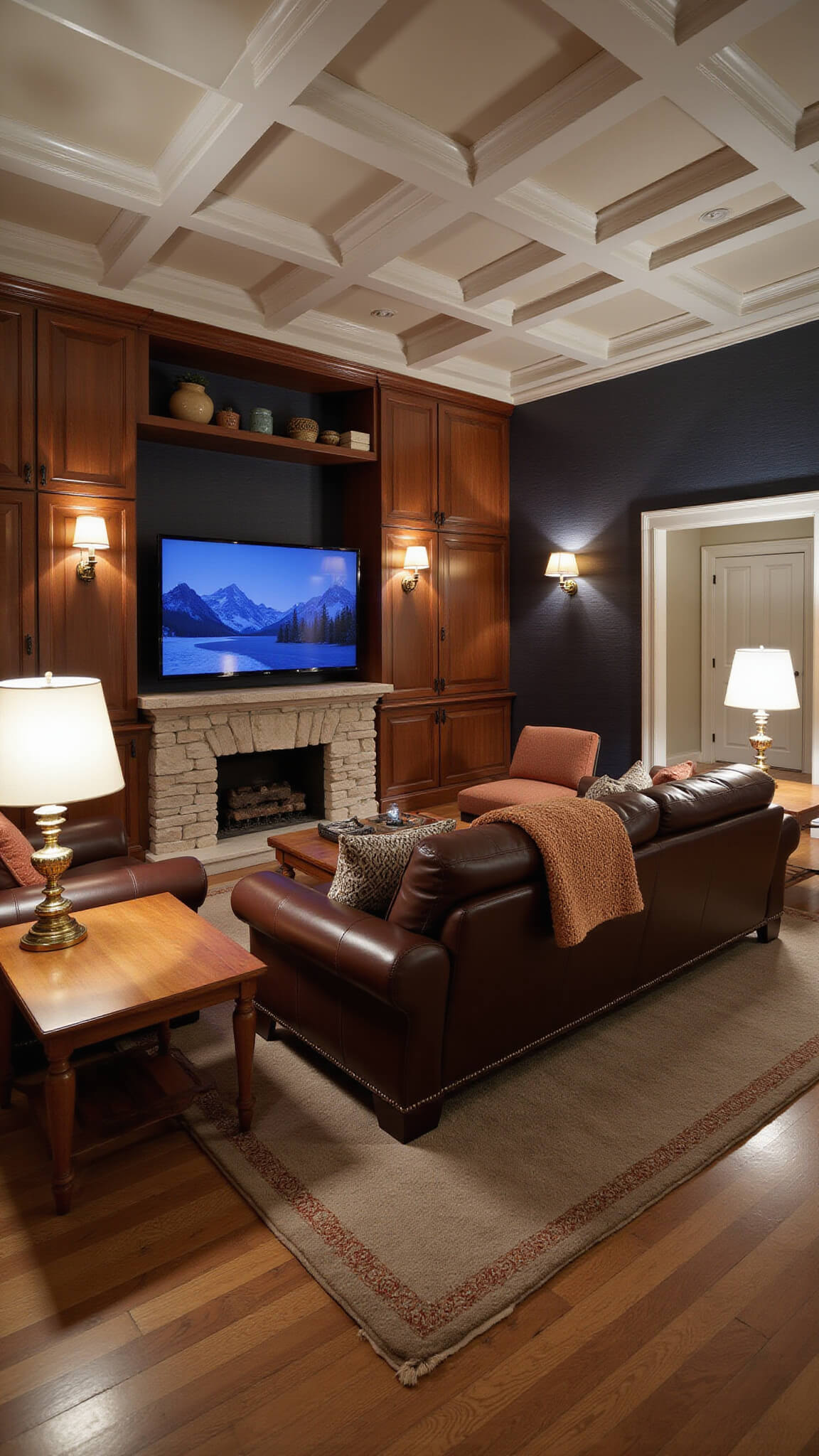 Inviting family media room with leather sectional, stone fireplace, walnut built-in shelves, and warm ambient lighting in the evening.