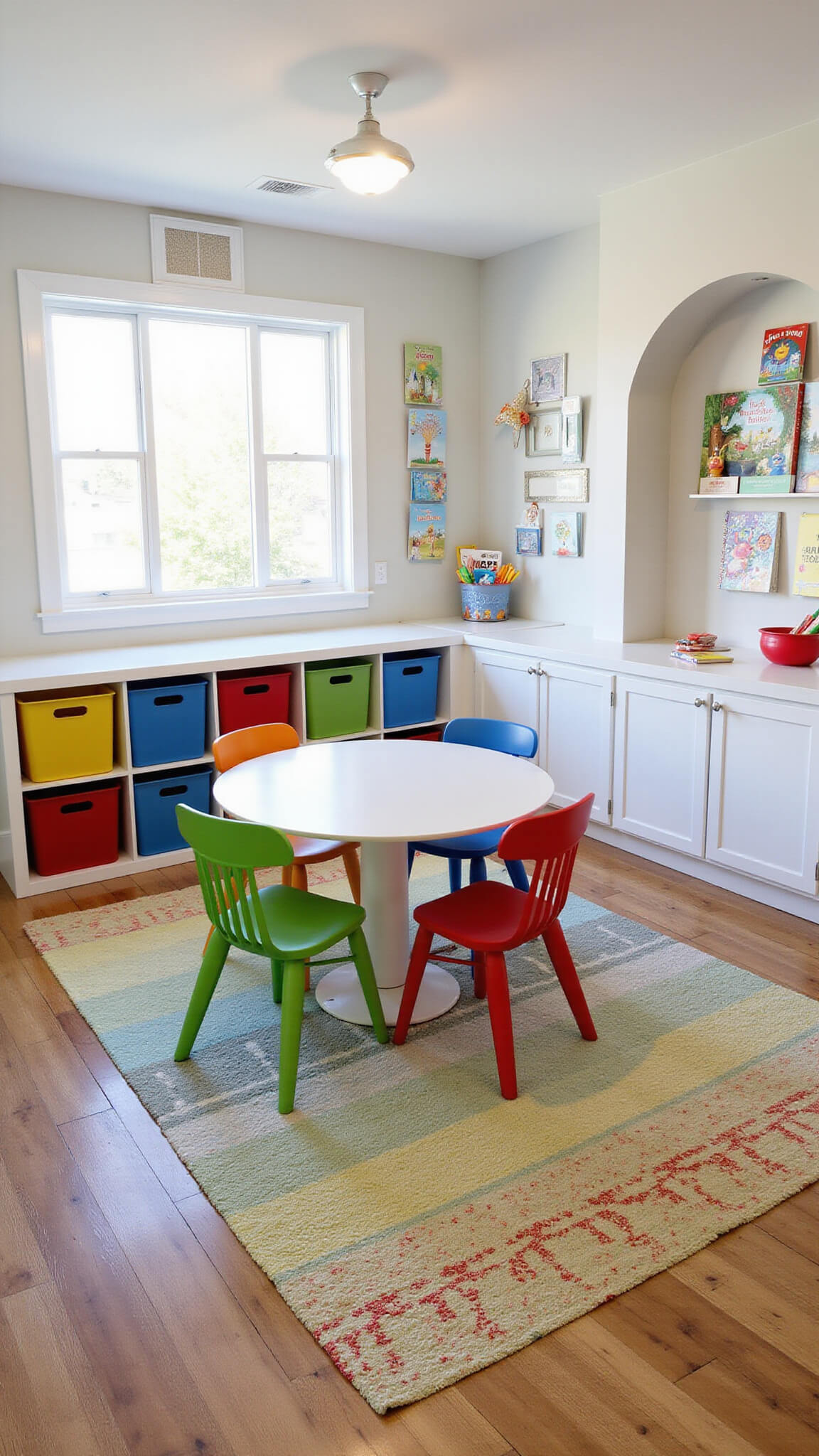 Cheerful children's playroom featuring a bay window nook, colorful furniture, built-in storage cubbies, educational wall murals, and a vibrant geometric rug.