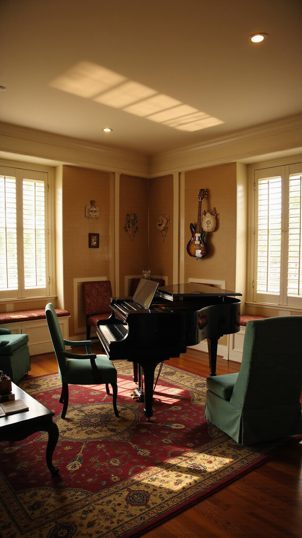 Elegant music room with baby grand piano, emerald velvet chairs, acoustic panels, vinyl record storage, and warm golden light streaming through plantation shutters.