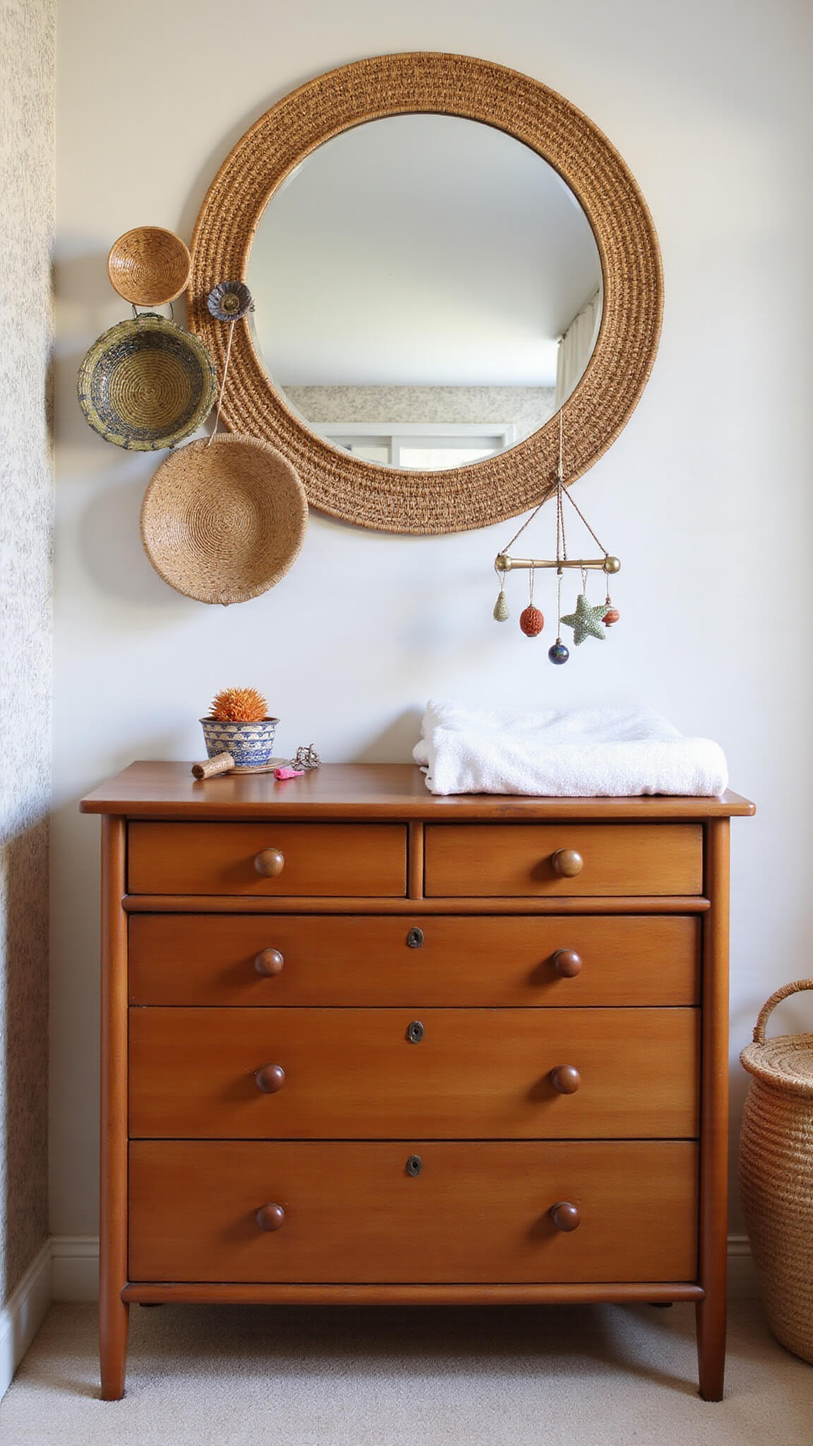 Boho nursery corner with teak changing table, rattan mirror, brass celestial mobile, and desert-toned palm wallpaper.