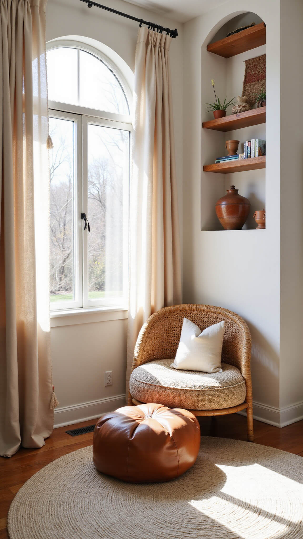 Nursery reading nook with rattan details, floor cushions, and soft morning light filtering through arched windows with sheer curtains.