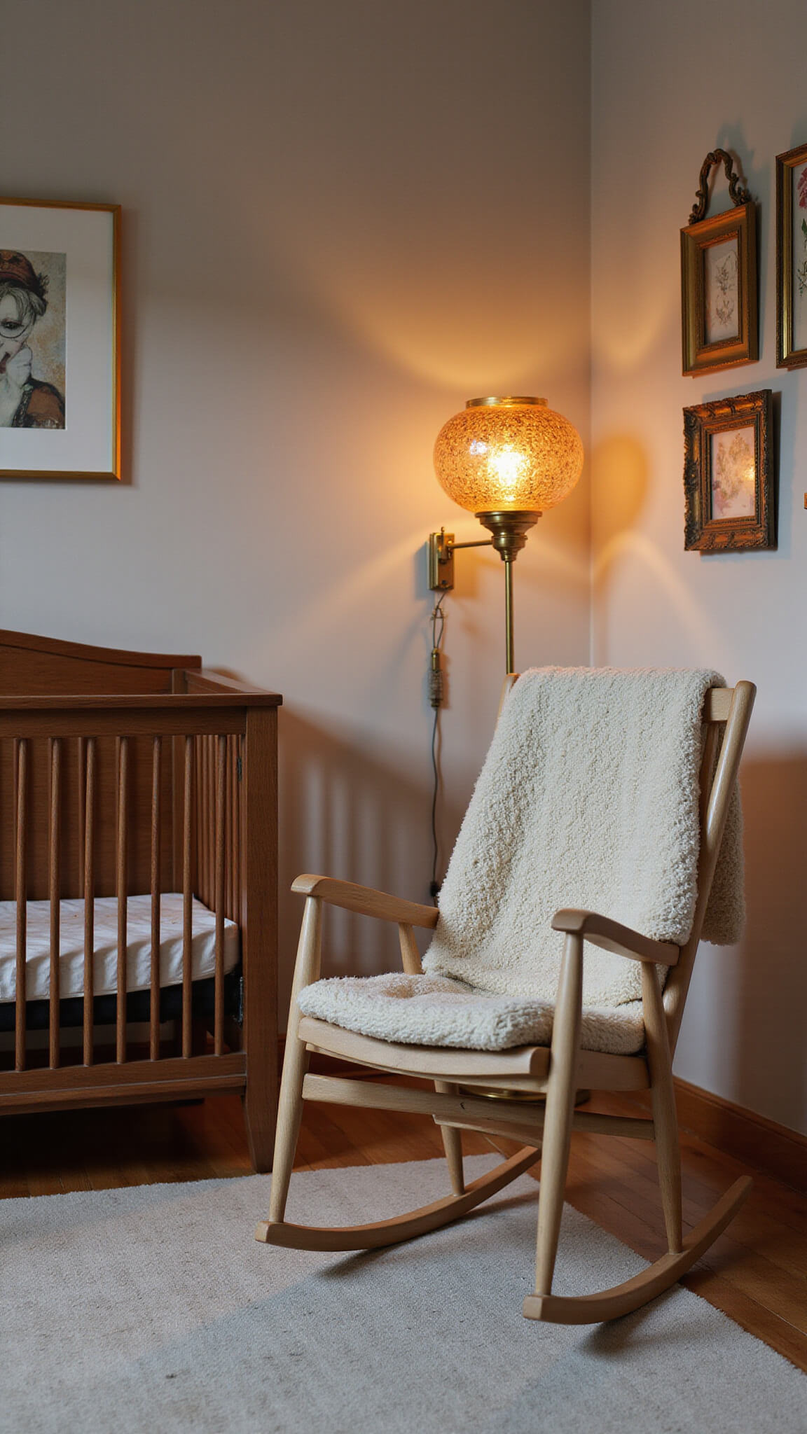 Evening nursery scene with layered lighting, vintage brass lamp, walnut crib, and Moroccan lantern shadows.