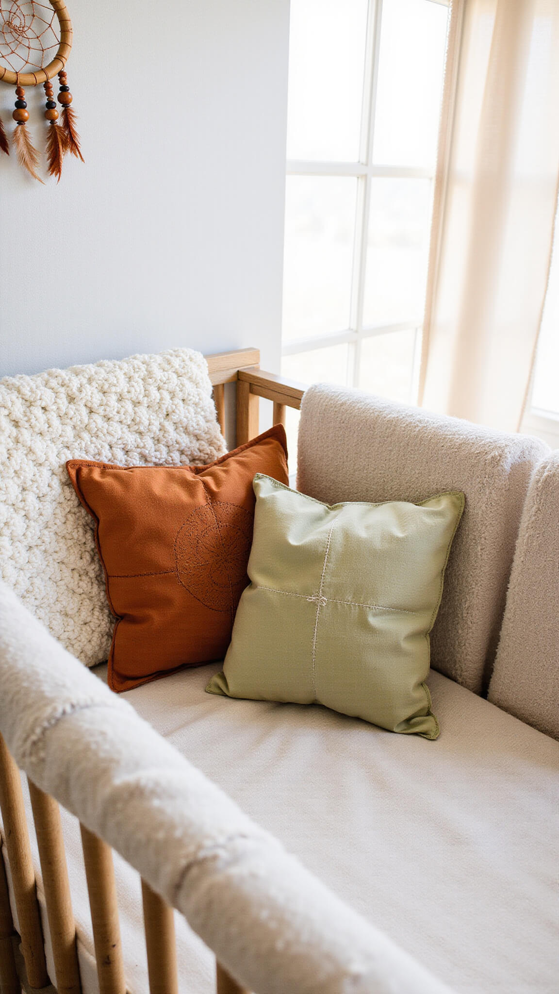 Close-up of crib with organic cotton sheets in sand tones, chunky wool blanket, and bohemian pillows in rust, mustard, and sage, highlighted by a handmade dreamcatcher.