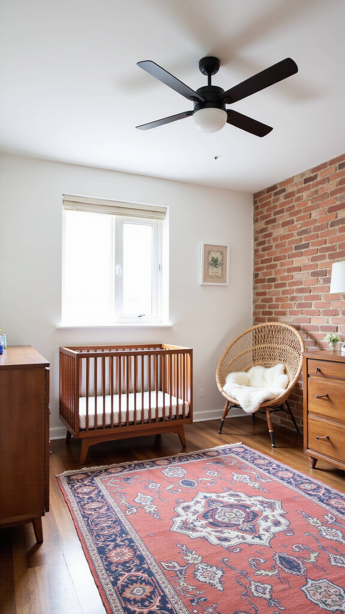 Wide-angle shot of cozy nursery with exposed white brick wall, acacia wood crib and dresser on Persian rug, rattan hanging chair by window, and matte black ceiling fan.