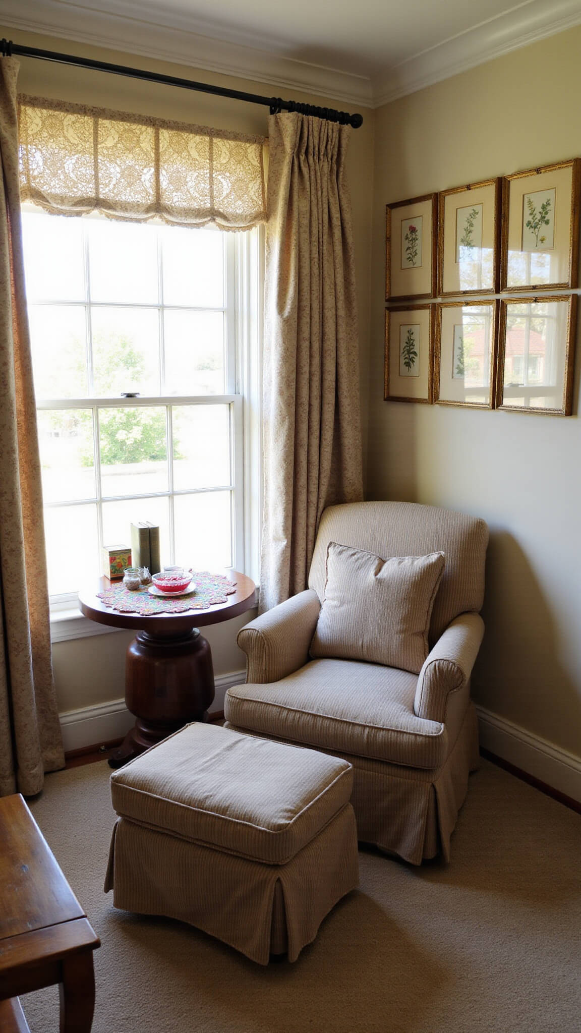 Snug 10x12ft window nook with slipcovered armchair, needlepoint footstool, mahogany side table, hand-crocheted curtains, vintage botanical prints, and warm afternoon sunlight.