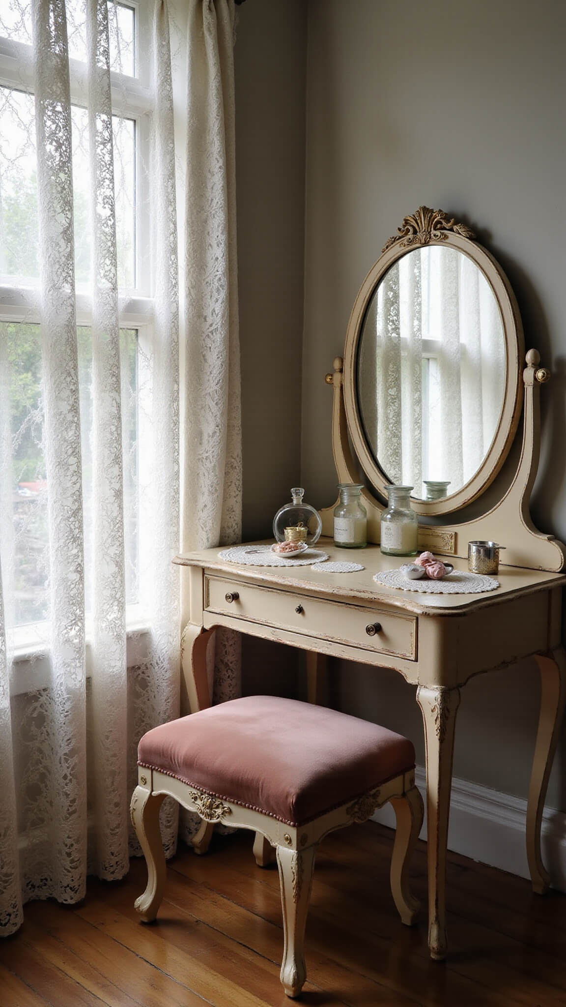 Vintage vanity corner bathed in soft morning light, showcasing lace curtains, a distressed cream vanity with crystal bottles, rose velvet stool, and brass accents.