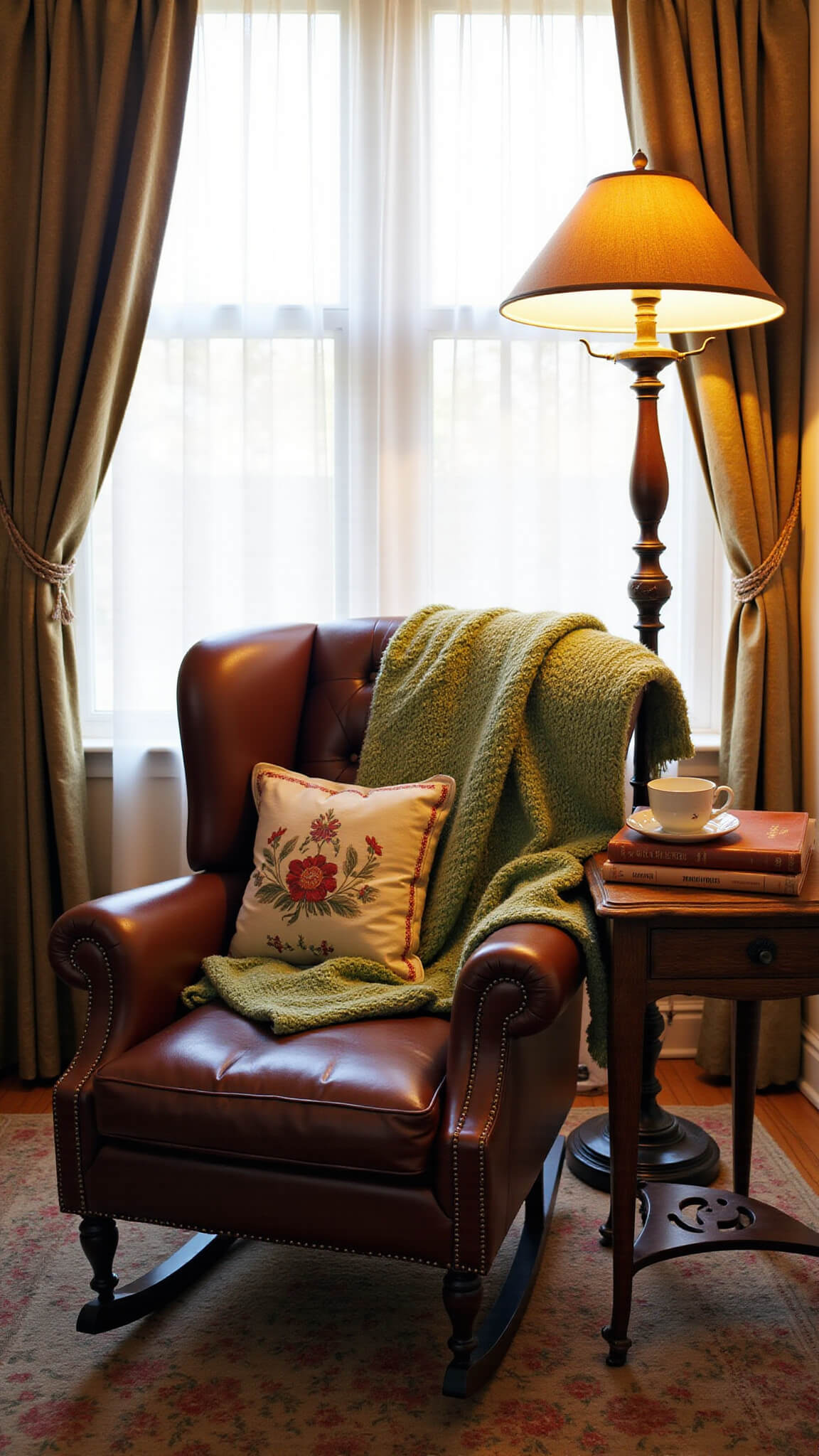 Inviting reading nook with a leather rocking chair, sage green throw blanket, vintage floor lamp, books, and a teacup glowing in warm afternoon light.