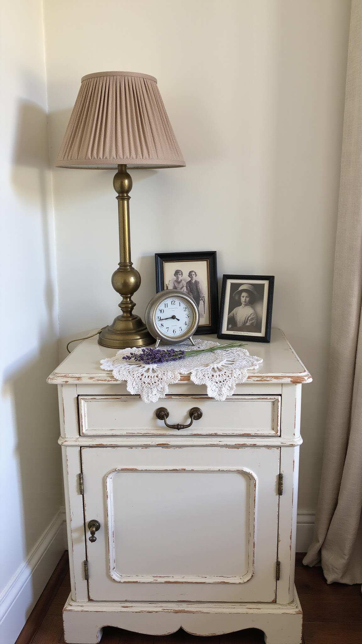 Charming bedside setup with an antique ivory nightstand, brass lamp on a crocheted doily, silver-framed photos, porcelain clock, and dried lavender in a mercury glass vase, illuminated by soft morning light.