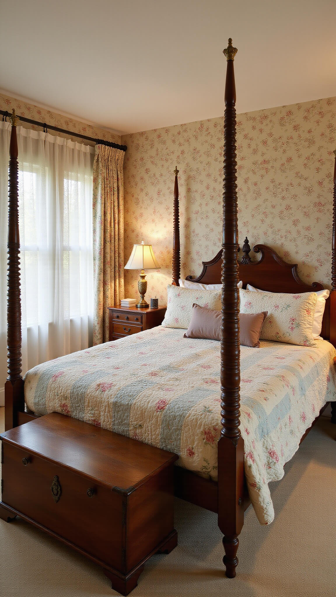 Warmly lit master bedroom with a four-poster oak bed, vintage quilts, antique cedar chest, and floral wallpaper, viewed from a high corner angle.