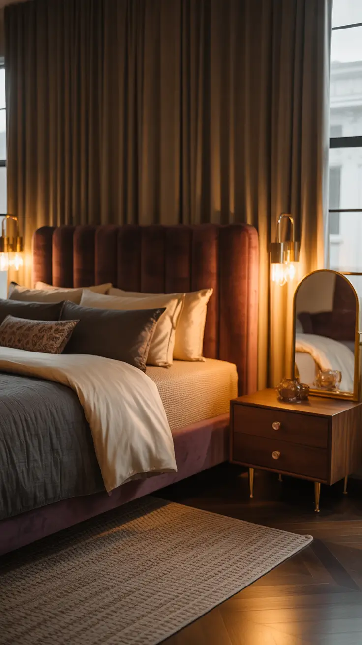 Plum Velvet and Brass Bedroom Design