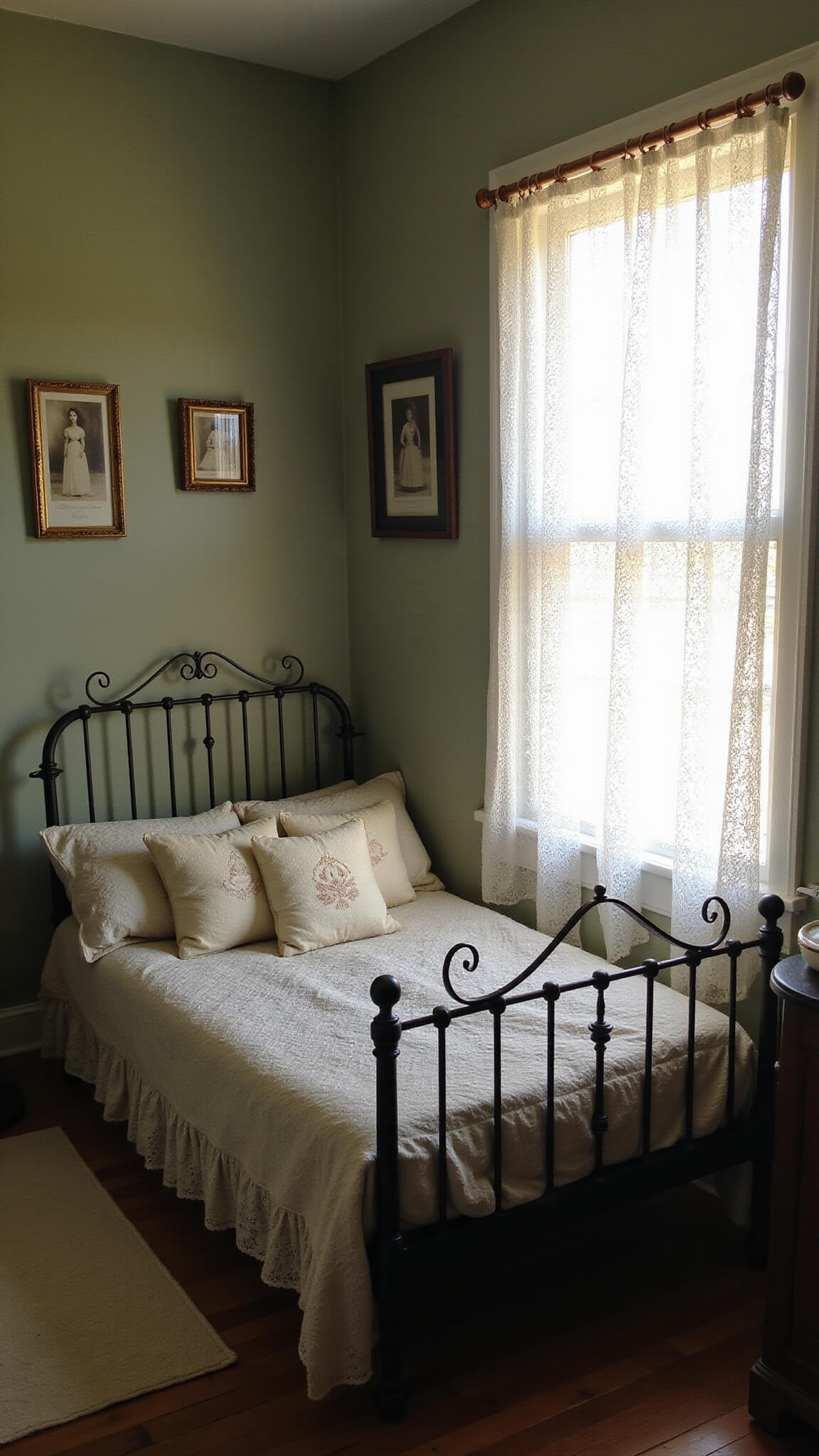 Low-angle perspective of a sunlit guest room with a wrought-iron daybed, vintage quilts, antique washstand, and sepia-toned family photos on sage green walls.