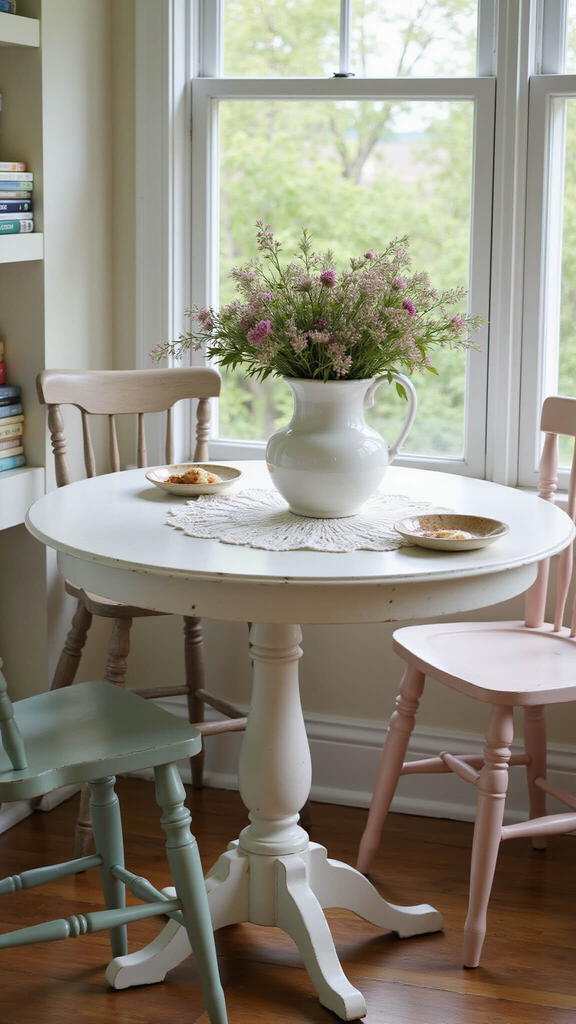 Sunlit breakfast nook with a round white table, wildflowers in a vase, mismatched painted chairs, and sunlight streaming through a bay window.