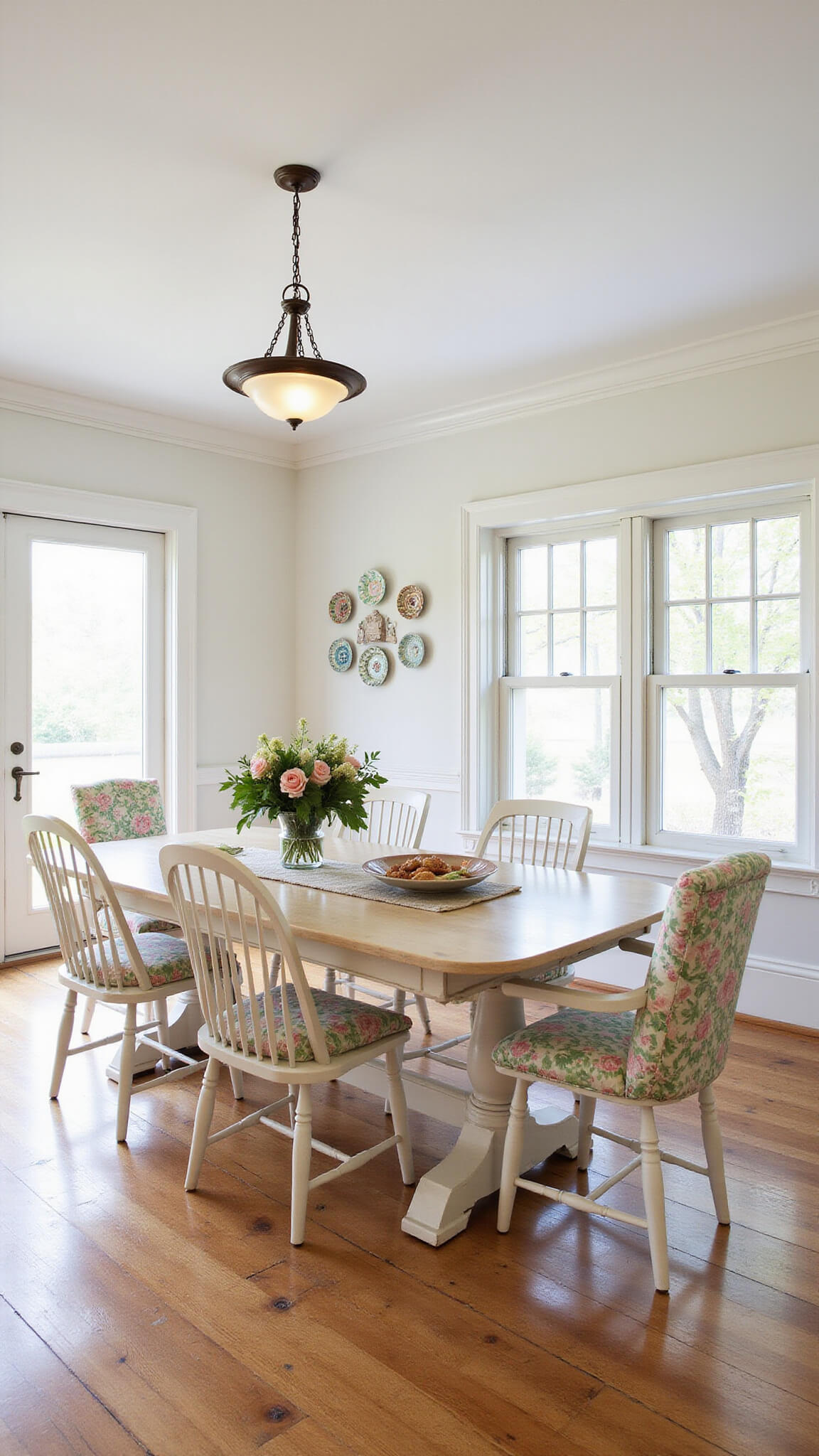 Bright dining room with hardwood floors, farmhouse table, a mix of Windsor and floral upholstered chairs, French doors, and a decorative plate display on the wall.