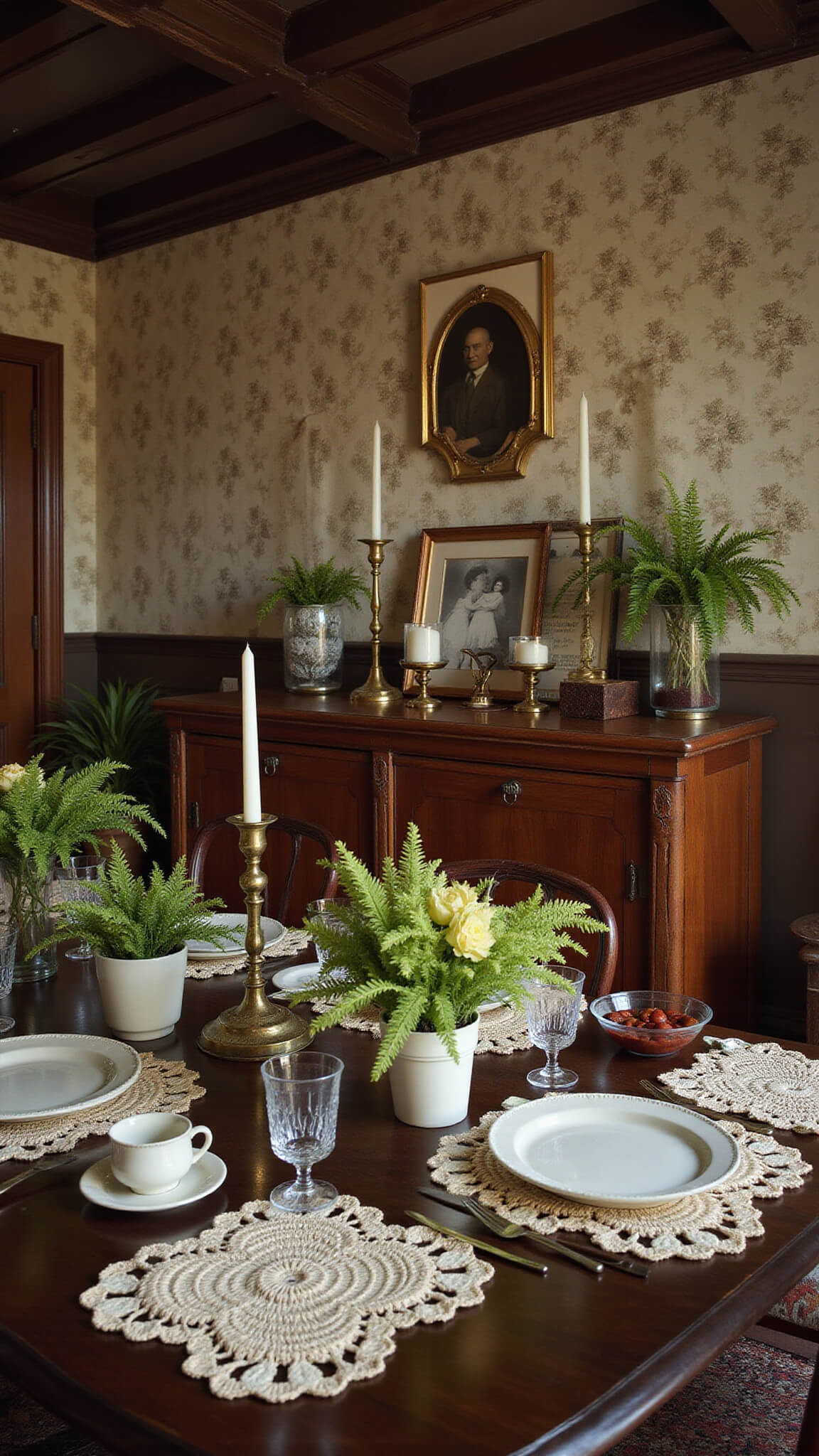 Vintage dining room at twilight with exposed wooden beams, botanical wallpaper, and a table set with eclectic china and crystal under warm tungsten lighting.