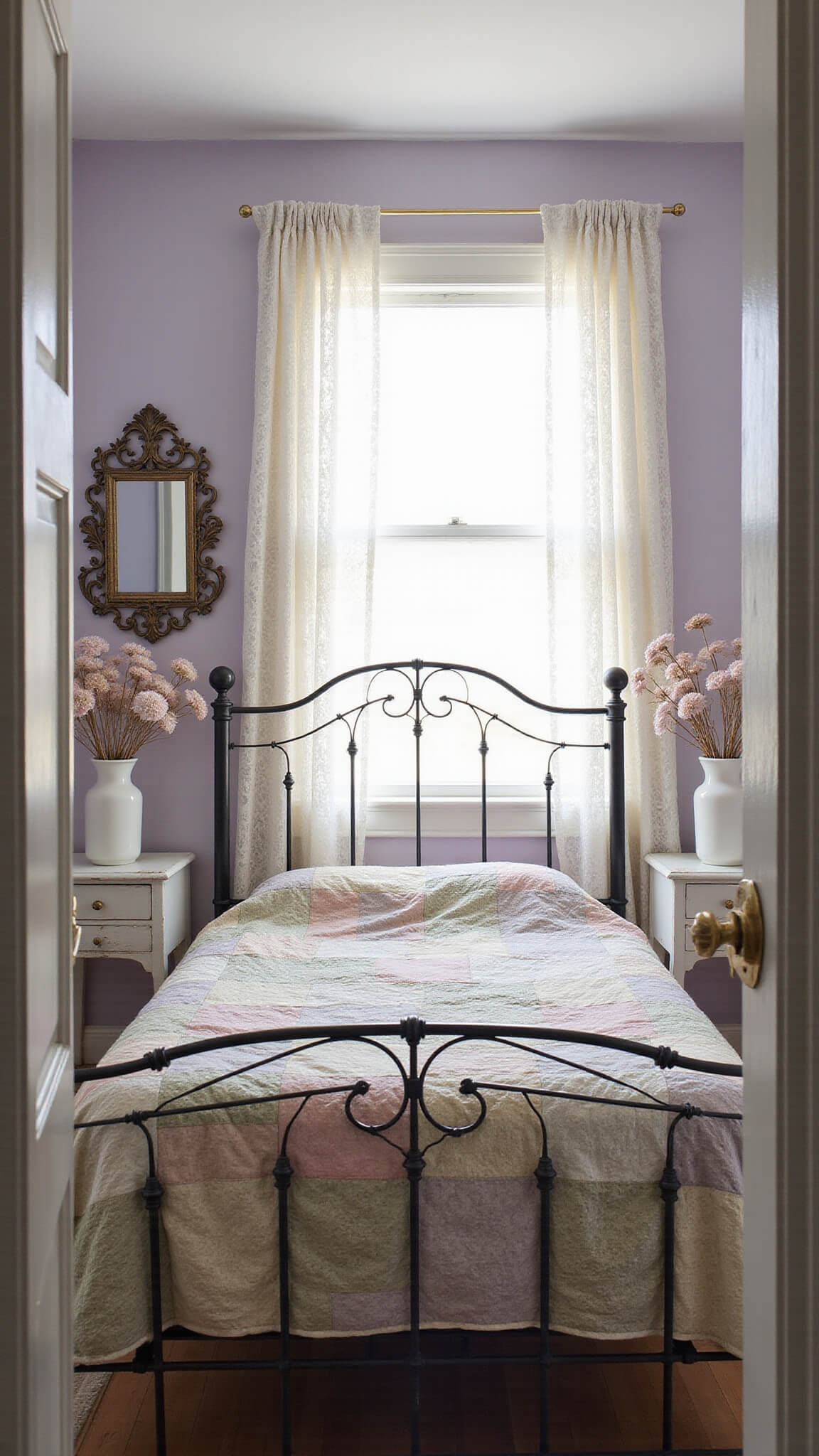 Vintage iron bed with patchwork quilt in dusty pinks and sage greens, soft morning light filtering through lace curtains