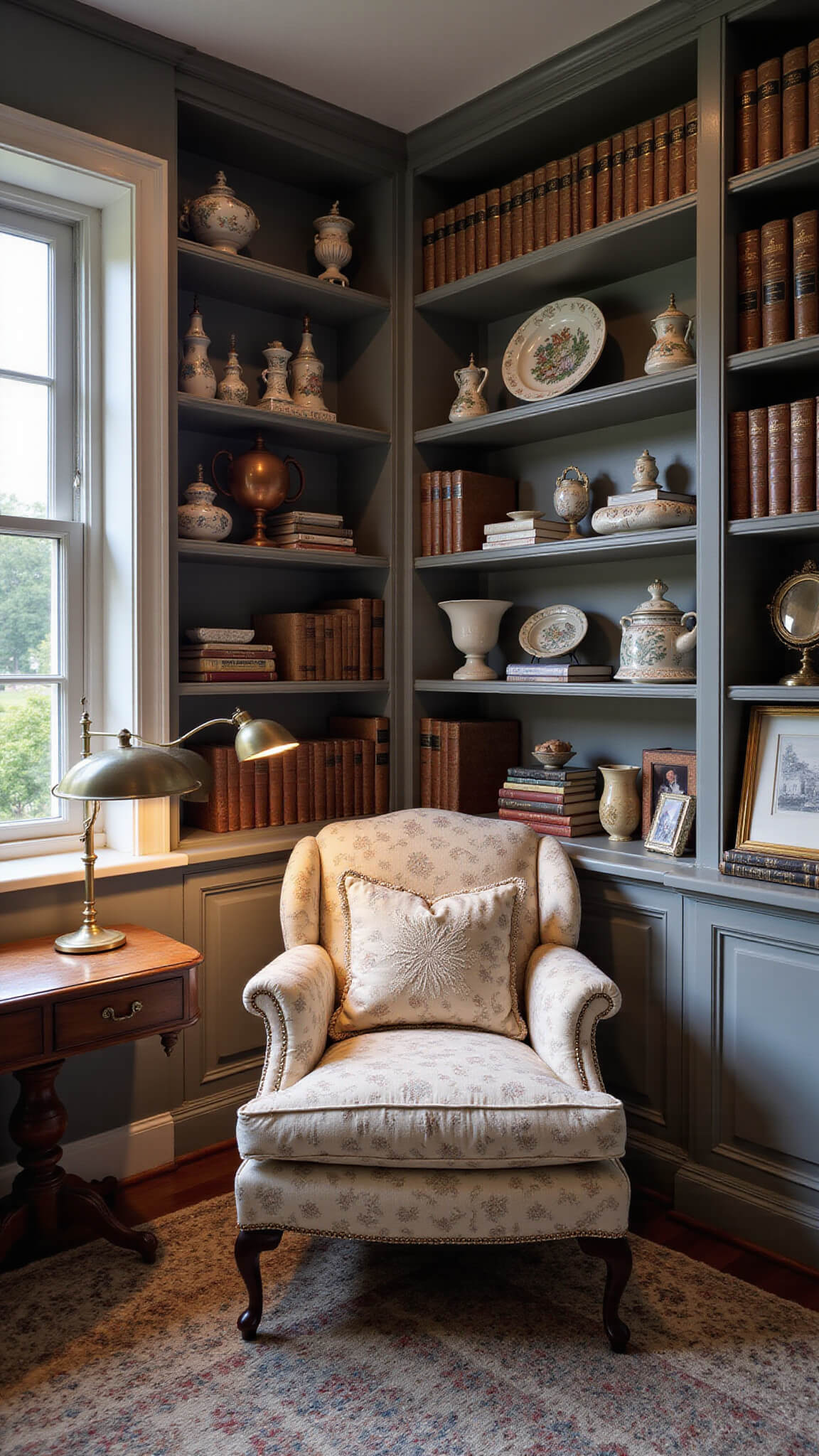 Inviting reading nook with built-in bookshelves, wingback chair, brass lamp, and embroidered cushions
