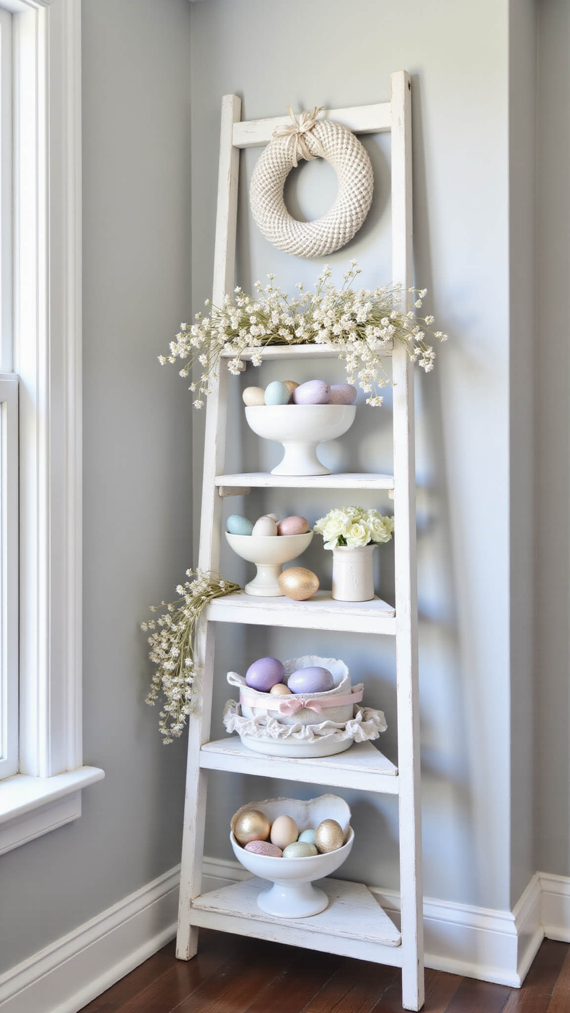Traditional living room corner with a ladder shelf decorated with Easter eggs in milk glass bowls, cascading paper flowers, and a pastel wreath, softly lit.