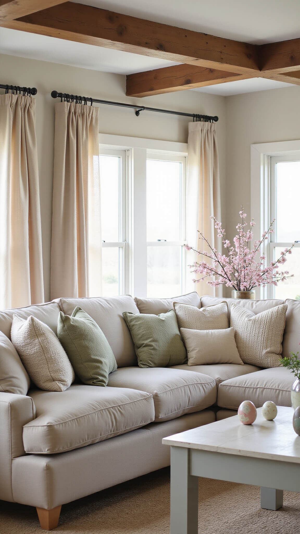 Modern farmhouse living room bathed in sunrise light, featuring exposed wooden beams, oatmeal linen sectional, pastel cushions, cherry blossom centerpiece, and sheer curtains filtering soft sunlight.