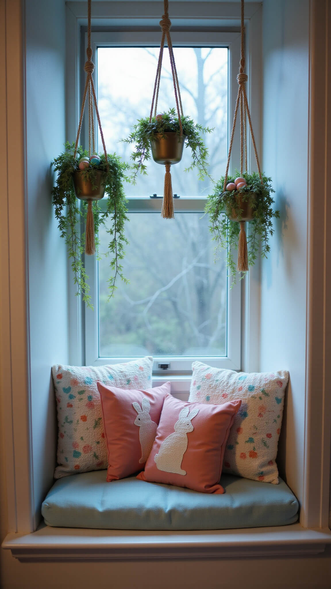 Cozy window nook decorated with spring cushions, bunny-themed pillows, hanging macramé planters with greenery and pastel eggs, illuminated by soft blue hour light.