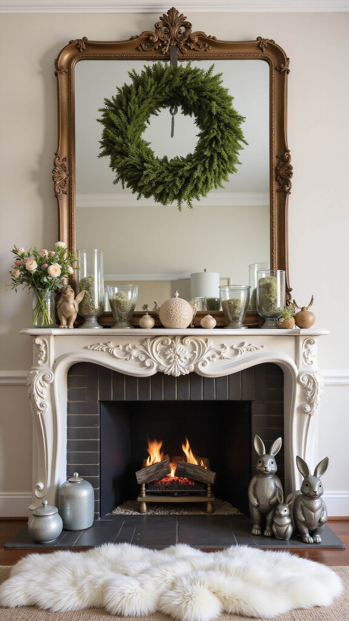 Elegant living room at dusk with a grand fireplace, antique mirror topped with a botanical wreath, mercury glass candle holders, moss-covered eggs, vintage rabbit figurines on the mantel, and spring flowers on a sheepskin rug.