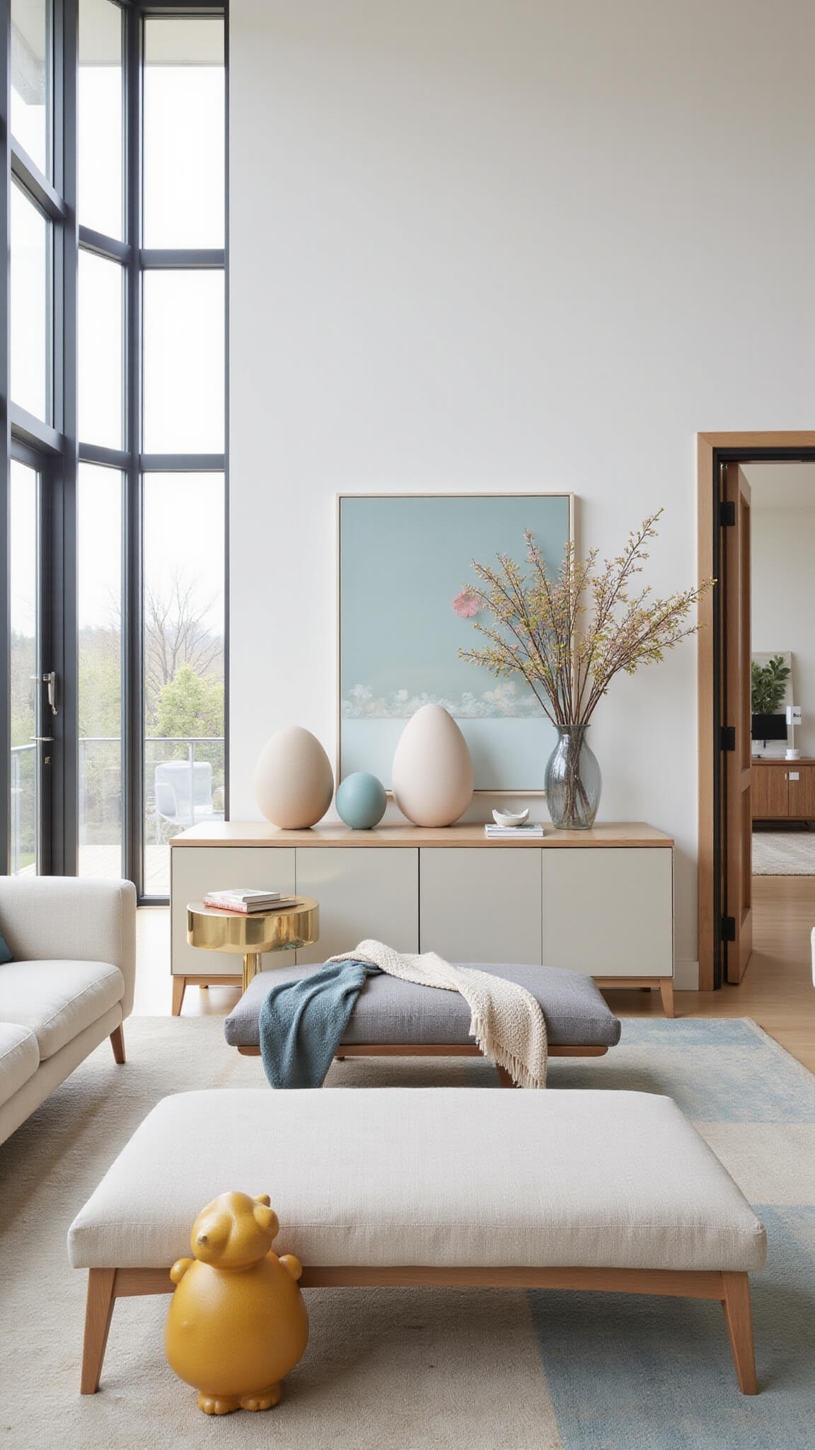 Minimalist open-plan living room with floor-to-ceiling windows, geometric Easter egg sculptures on a floating credenza, abstract floral artwork, and sleek furniture in white, yellow, blue, and brushed gold accents.