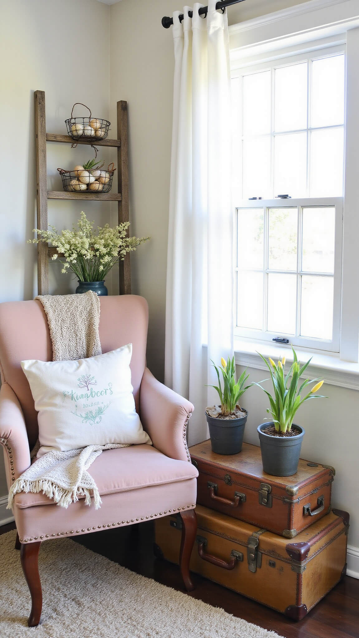 Rustic elegant living room corner with a vintage ladder, wire baskets filled with eggs and wildflowers, a blush velvet chair with a throw and Easter-themed pillow, stacked suitcases with spring bulbs, all bathed in warm, diffused light.