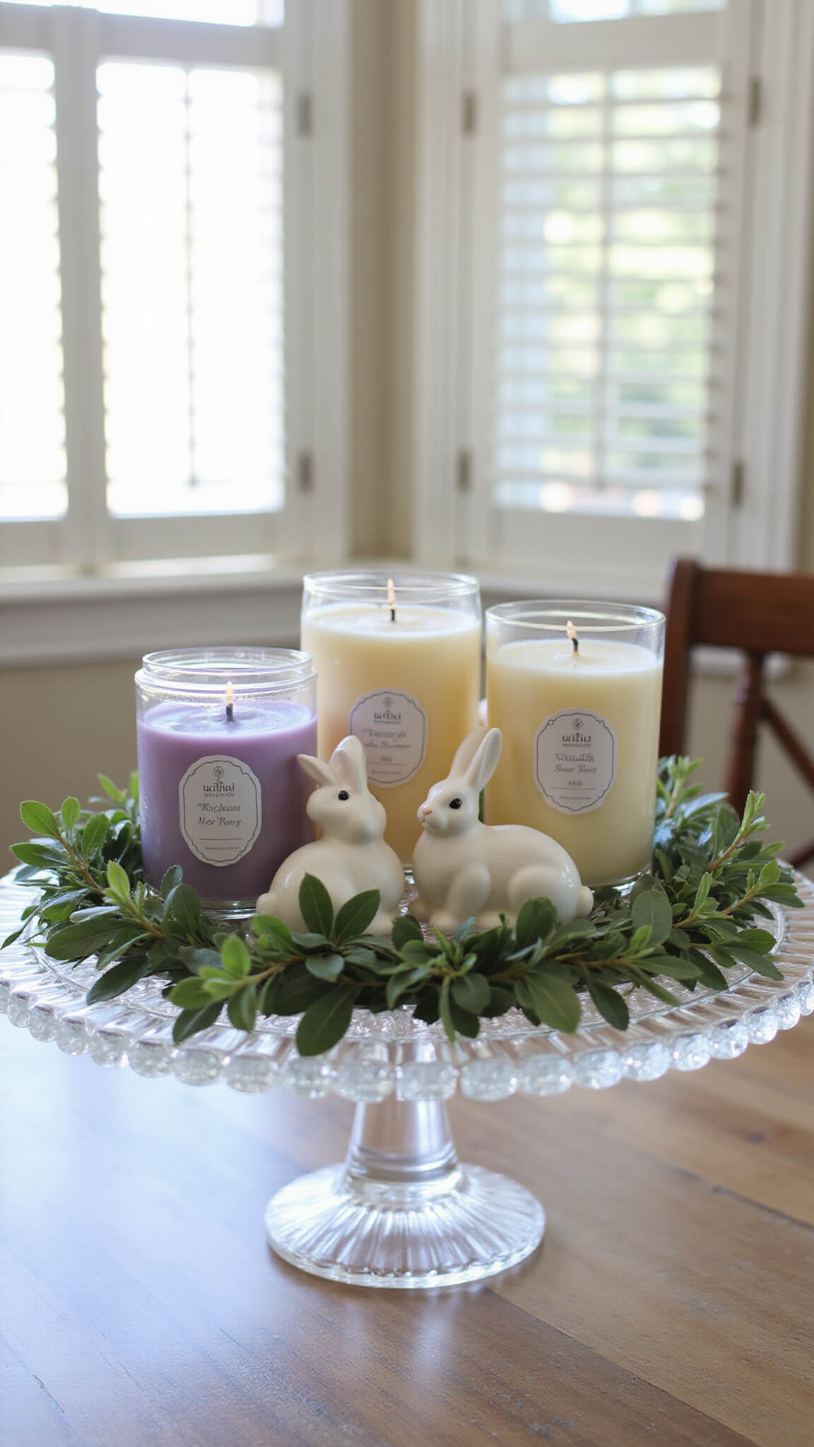 Sunlit breakfast nook featuring 3-wick candles on a crystal stand, eucalyptus sprigs, and ceramic bunny figurines by a bay window.